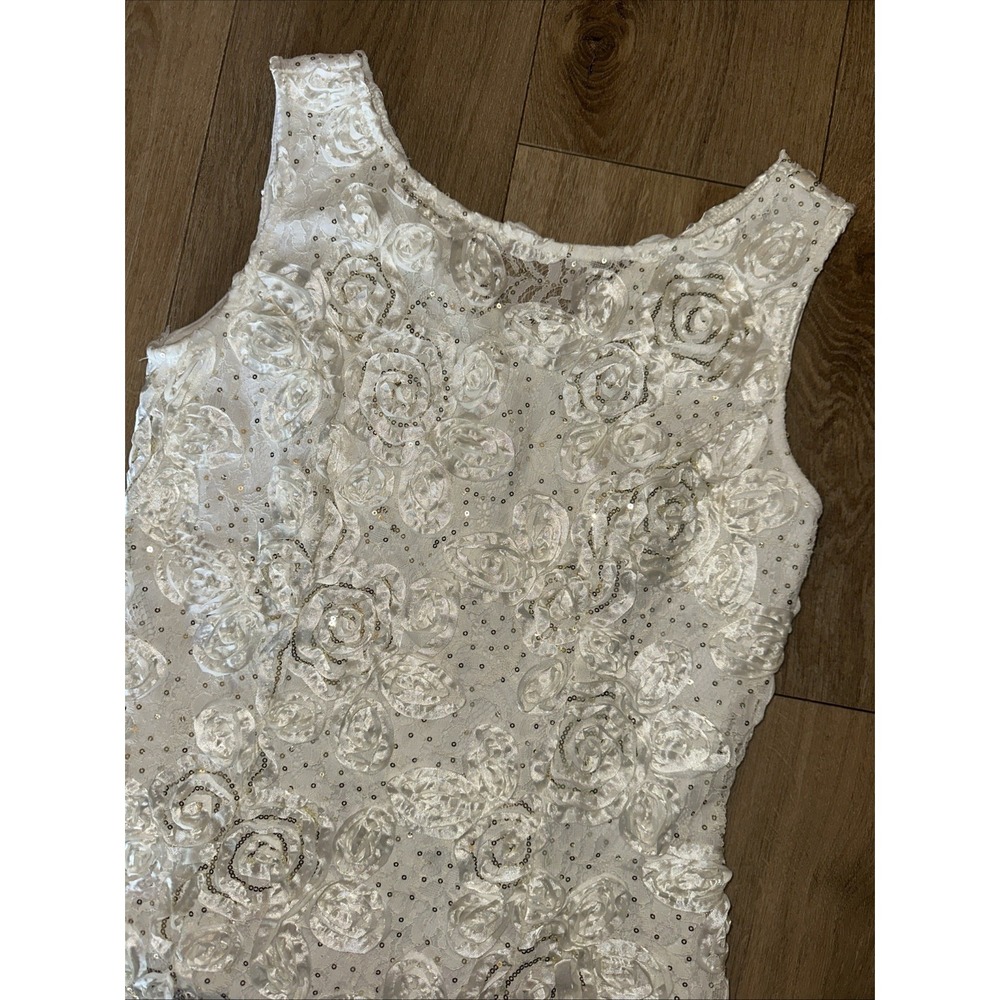 Onyx Nite Ivory Lace Rosette Sequins Lined Tank Top Zip Back Small Bridal